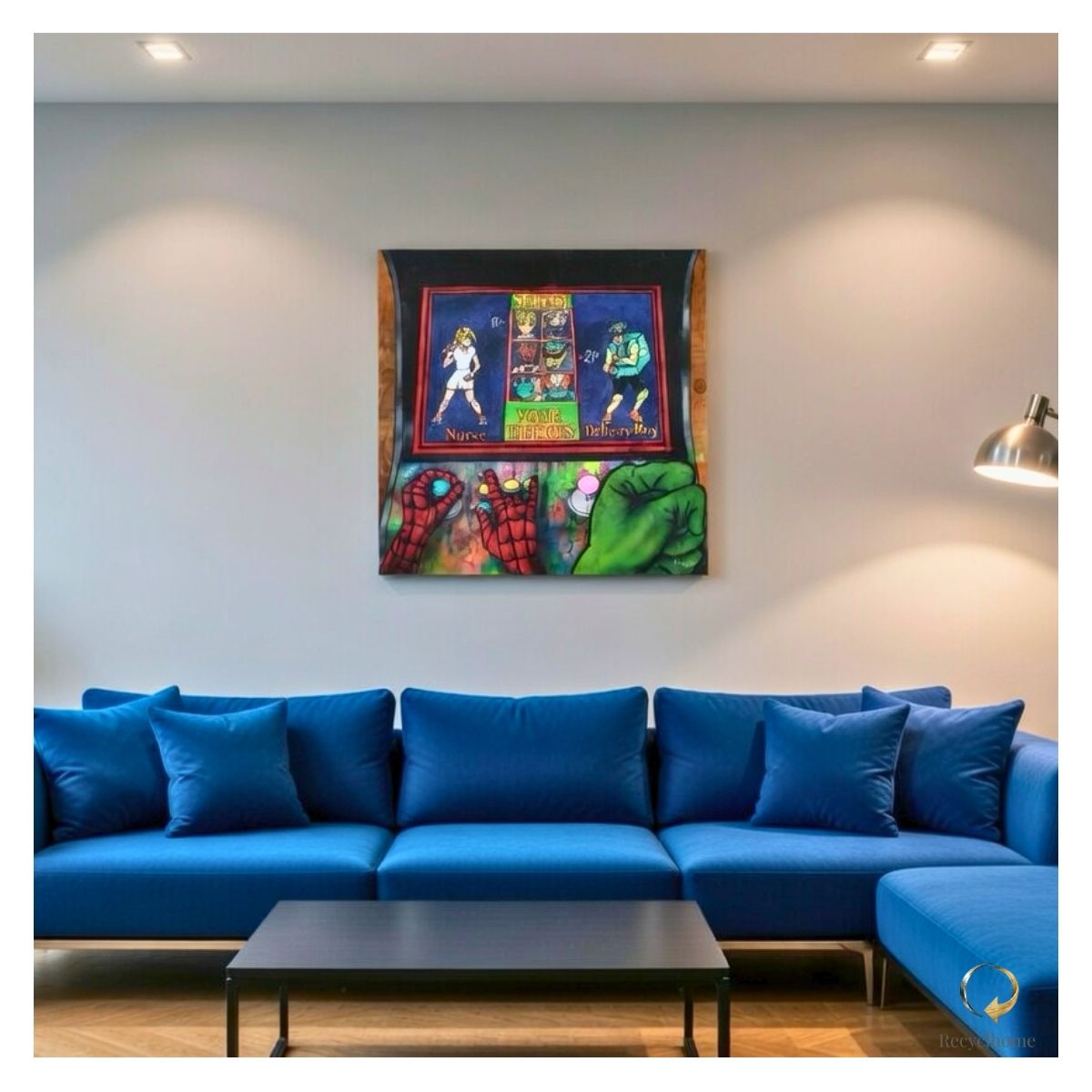Tableau super-héros en bois de palette recyclé, mis en situation dans un intérieur