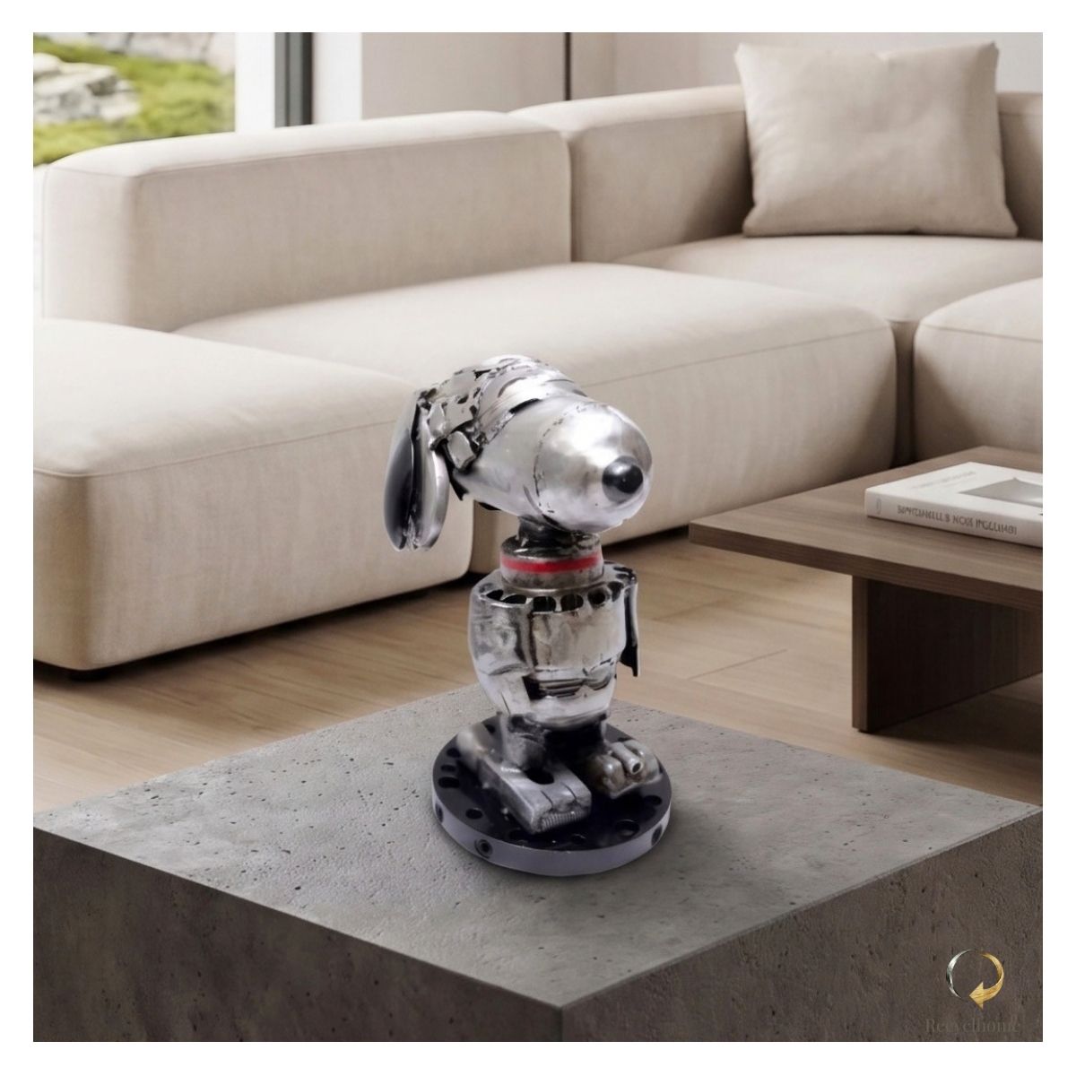 Sculpture Snoopy en métal recyclé, mise en situation dans un intérieur