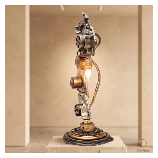 Lampe pompe steampunk en acier recyclé présentée dans une galerie d'art, Brutal Steam Pompe par Recyclhome