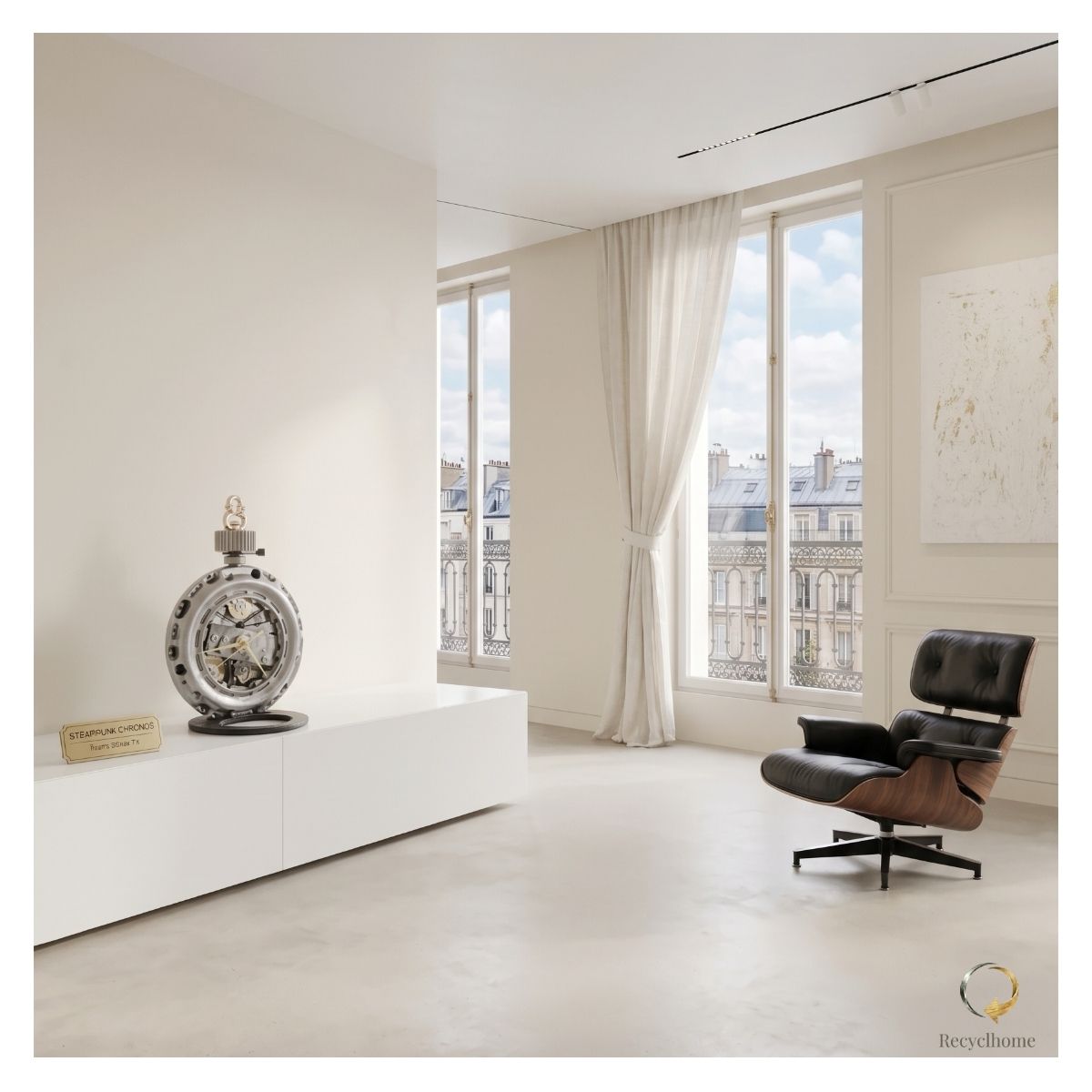 Horloge montre à gousset en métal recyclé, mise en situation dans un intérieur