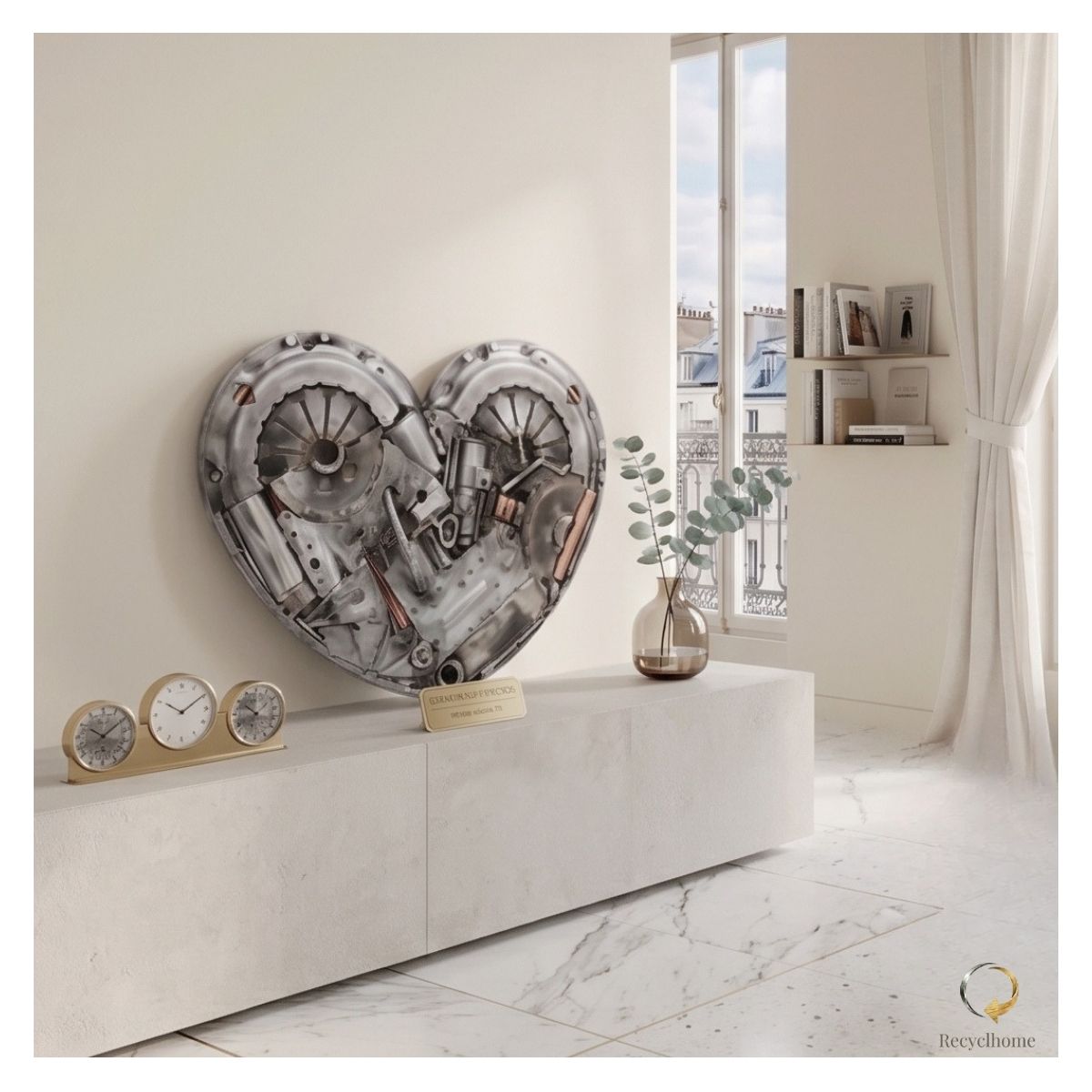 Tableau cœur en métal recyclé, mis en situation dans un intérieur