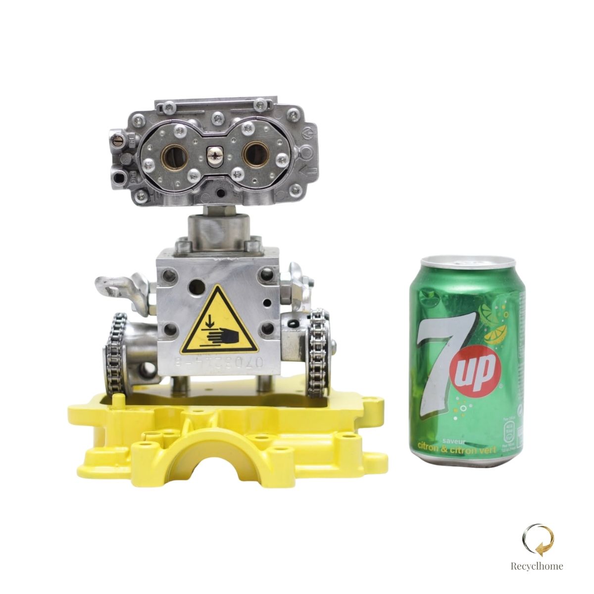 Sculpture robot Wall-E jaune en métal recyclé, vue complémentaire