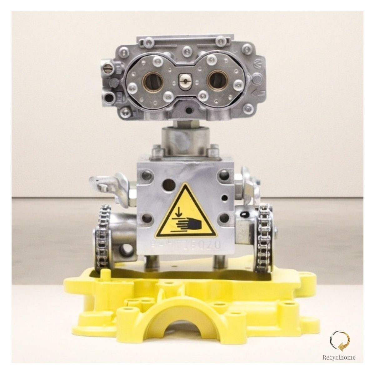Sculpture robot Wall-E jaune en métal recyclé présentée dans une galerie d'art, Yellow Wall E par Recyclhome