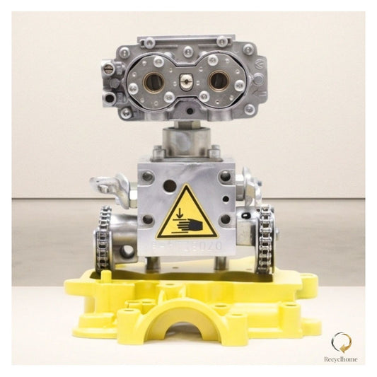 Sculpture robot Wall-E jaune en métal recyclé présentée dans une galerie d'art, Yellow Wall E par Recyclhome