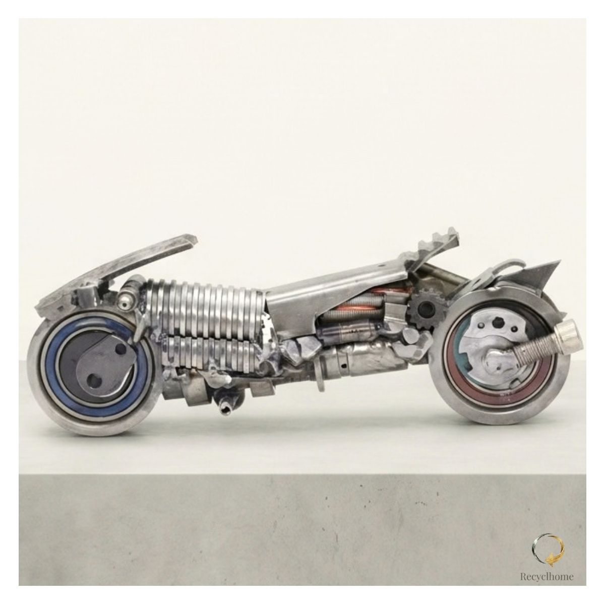 Sculpture moto mécanique en métal recyclé présentée dans une galerie d'art, Béca d'en fer par Recyclhome